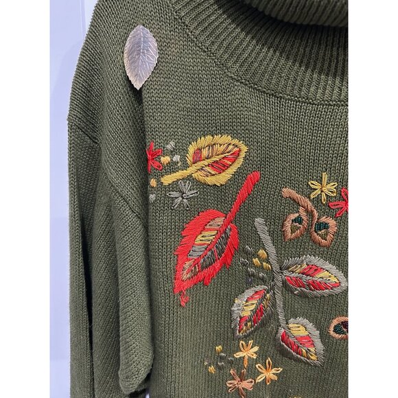 Vtg Olive Green Cowl Neck Sweater Embroidered Autumn Leaves PA International - Picture 4 of 9